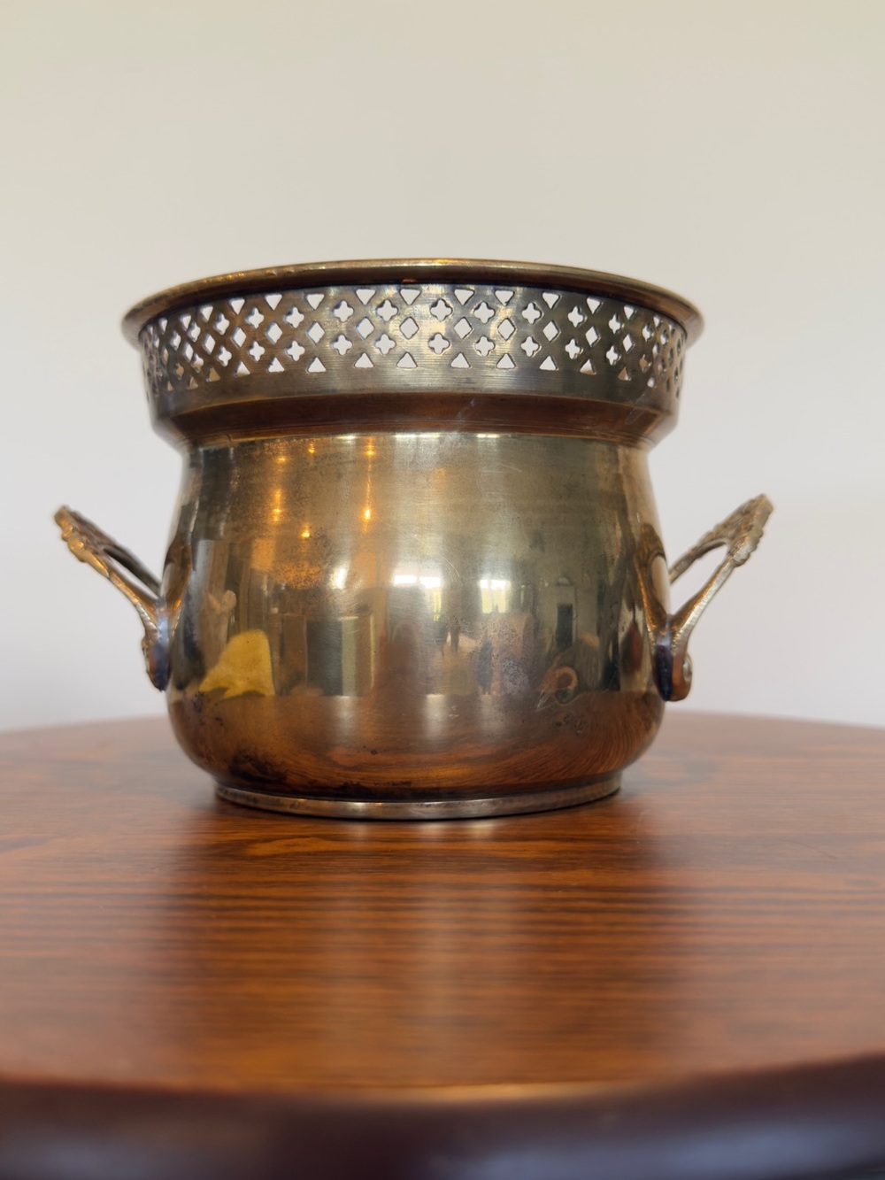 Vintage Brass Planter with Floral Handles and Lattice Punched Rim